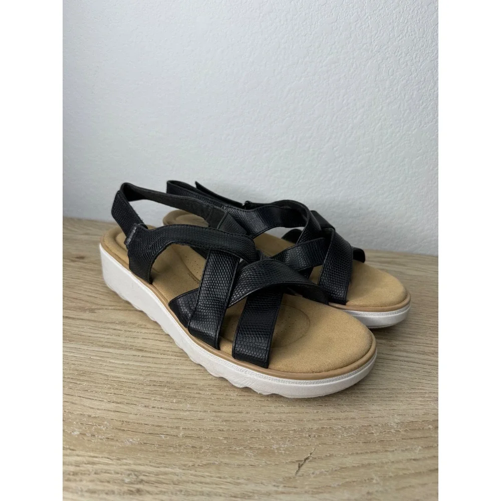 Clarks Collection Jillian Black Snakeskin Strappy Wedge Sandals‎ Womens 10W